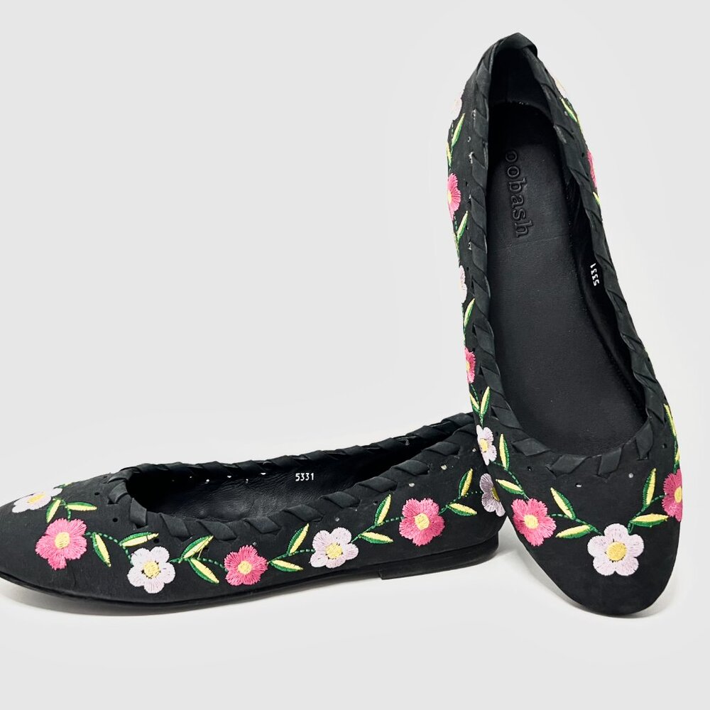 June Black leather Flower embroidered Ballerina